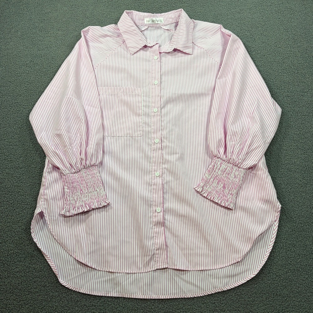 T&C Apparel Button Down Women XL Pink Striped Smocked Cuff Balloon Sleeve Tunic